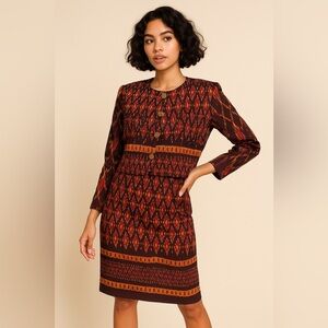 Vintage Alexandra Thai Silk Skirt Suit Set Jacket & Pencil Skirt Ikat Print Sz S